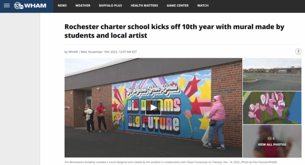 Screenshot of 13 WHAM news story with headline "Rochester charter school kicks off 10th year with mural made by students and local artists with photo of mural and people standing on the sides.